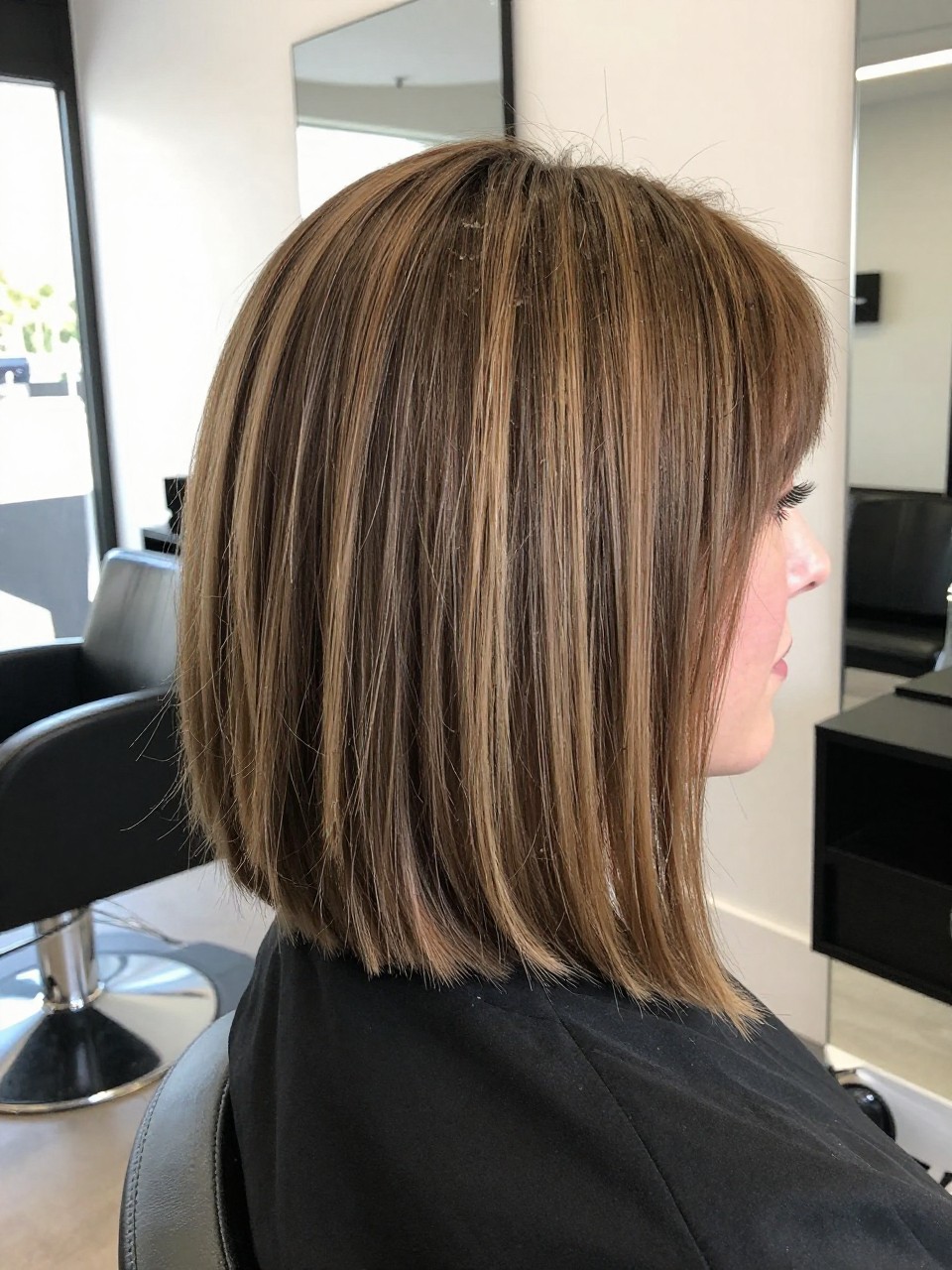Photo of a white american woman wearing an angled chin bob that is shorter at the back and longer in front, with the haircut fully visible and clearly defined, shot from a side profile, in a bright salon interior, with natural window light, showing the haircut shape, layers, ends, bangs, and texture clearly, including the salon chair edge, latest iPhone photo quality.
