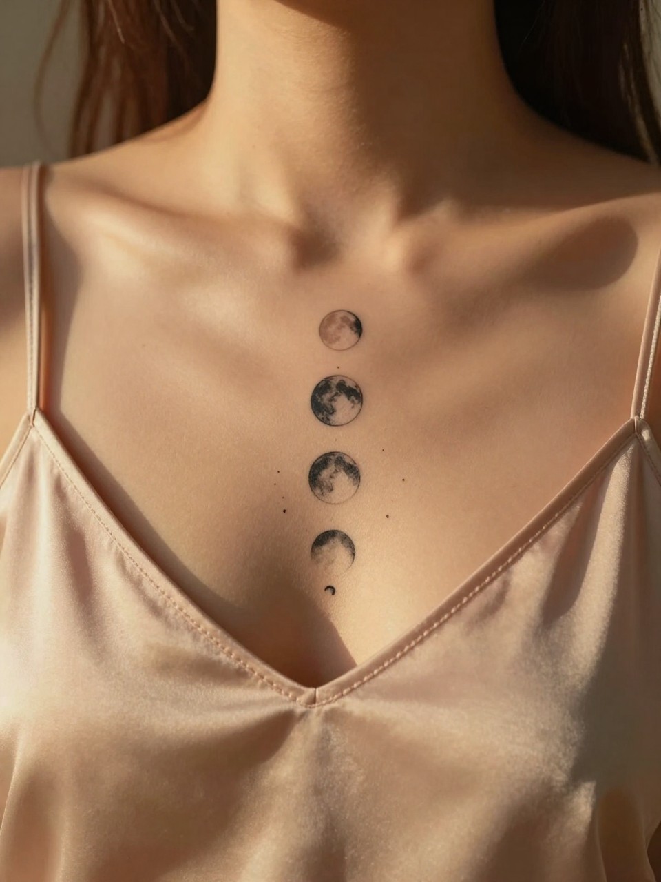 "Close-up shot of a phases of the moon tattoo on the middle chest, with the moons stacked vertically. The tiny dots and crescents are sharply in focus. She is wearing a soft, silk camisole. Warm, golden hour light creates a dreamy, feminine atmosphere."