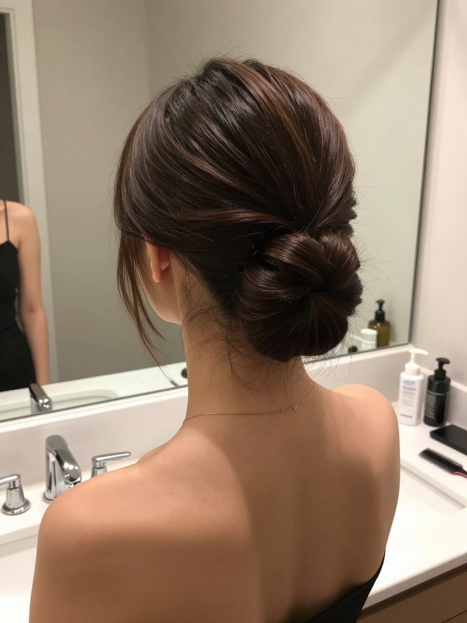 Photo of a woman wearing a sleek French twist with a clean finish, back-of-head view to show twist detail, setting in a bathroom vanity mirror, lighting soft indoor lighting, containing a small lived-in detail such as U-pins on the counter and a comb nearby, latest iPhone photo quality.