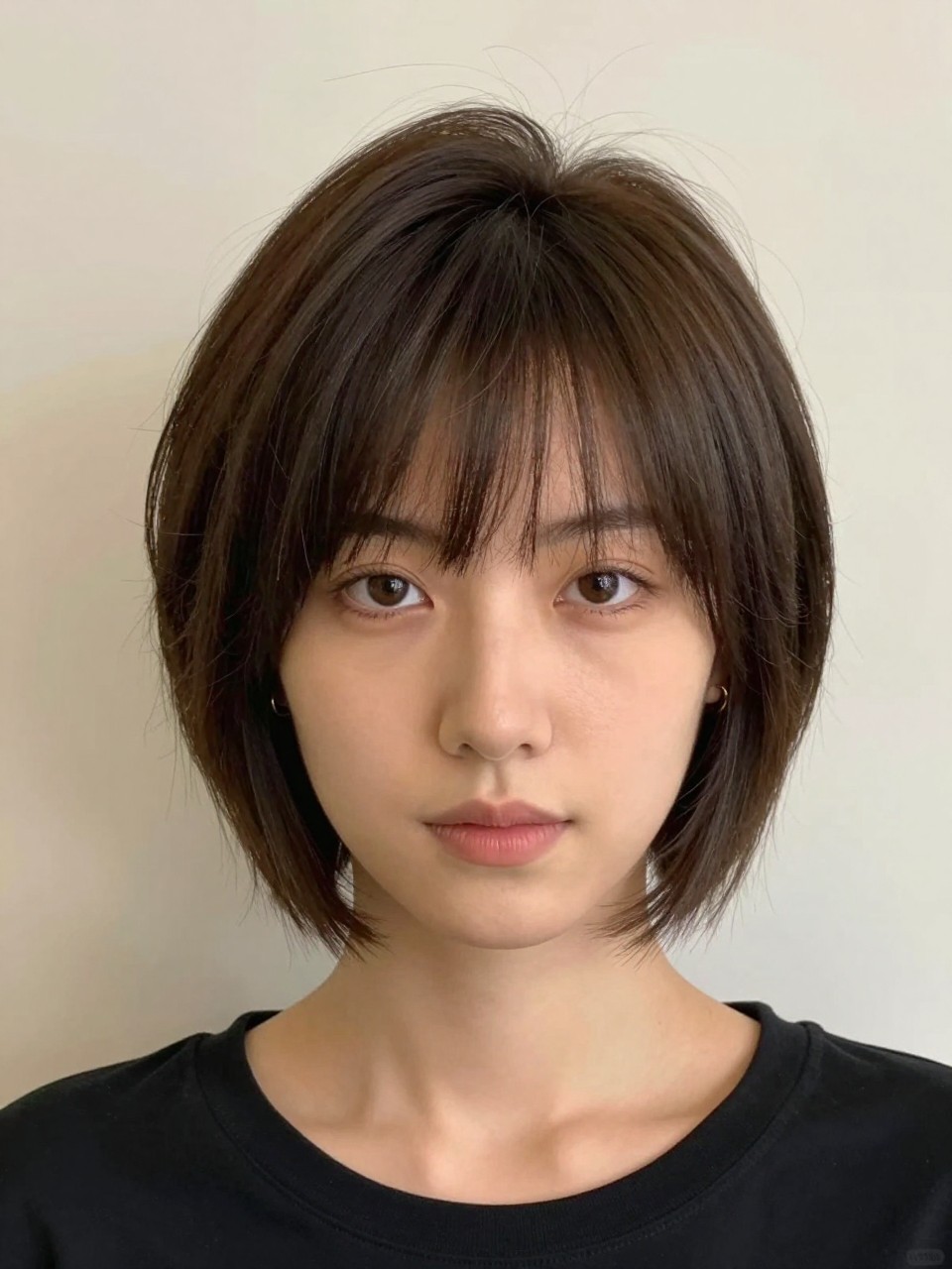 Photo of a woman wearing a side-swept pixie bob with a long diagonal fringe and soft crown texture, with the haircut fully visible and clearly defined, shot from a front portrait view, in a soft neutral studio, with soft indoor lighting, showing the haircut shape, layers, ends, bangs, and texture clearly, including simple gold earrings, latest iPhone photo quality.
