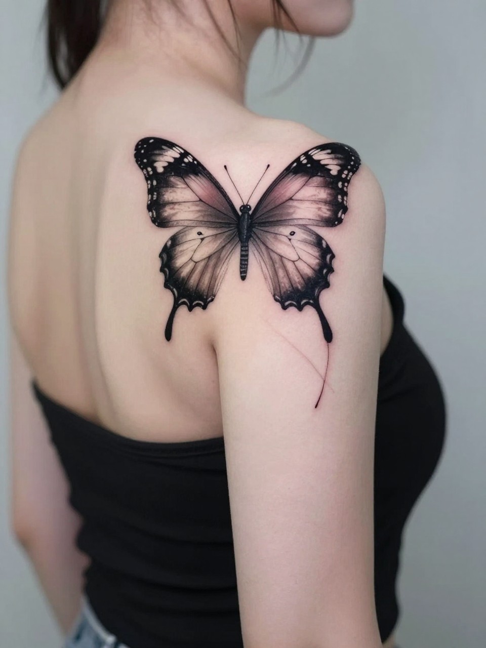 "View from the back, focusing on a butterfly tattoo where its front wings are on the upper back and its back wings flow onto the shoulder and arm. Creates a dynamic, 3D flight effect."
