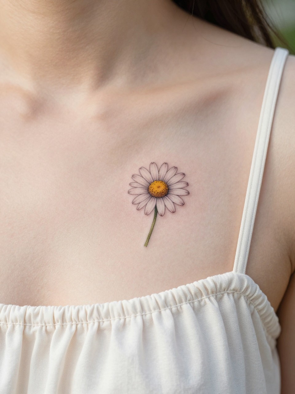 "Macro shot of a detailed birth flower tattoo on the middle chest, for example, a tiny daisy. The fine lines of the petals are sharply in focus. She is wearing a soft, flowy dress with a simple neckline. Bright, cheerful, natural daylight, feminine and personal feel."