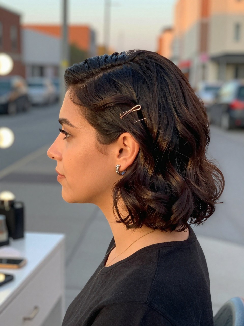 Photo of a woman wearing deep side-part glam waves on a short bob, side profile view, setting in a softly blurred city street background, lighting golden hour glow, containing a small lived-in detail such as duckbill clips on the vanity and statement earrings peeking through, latest iPhone photo quality.