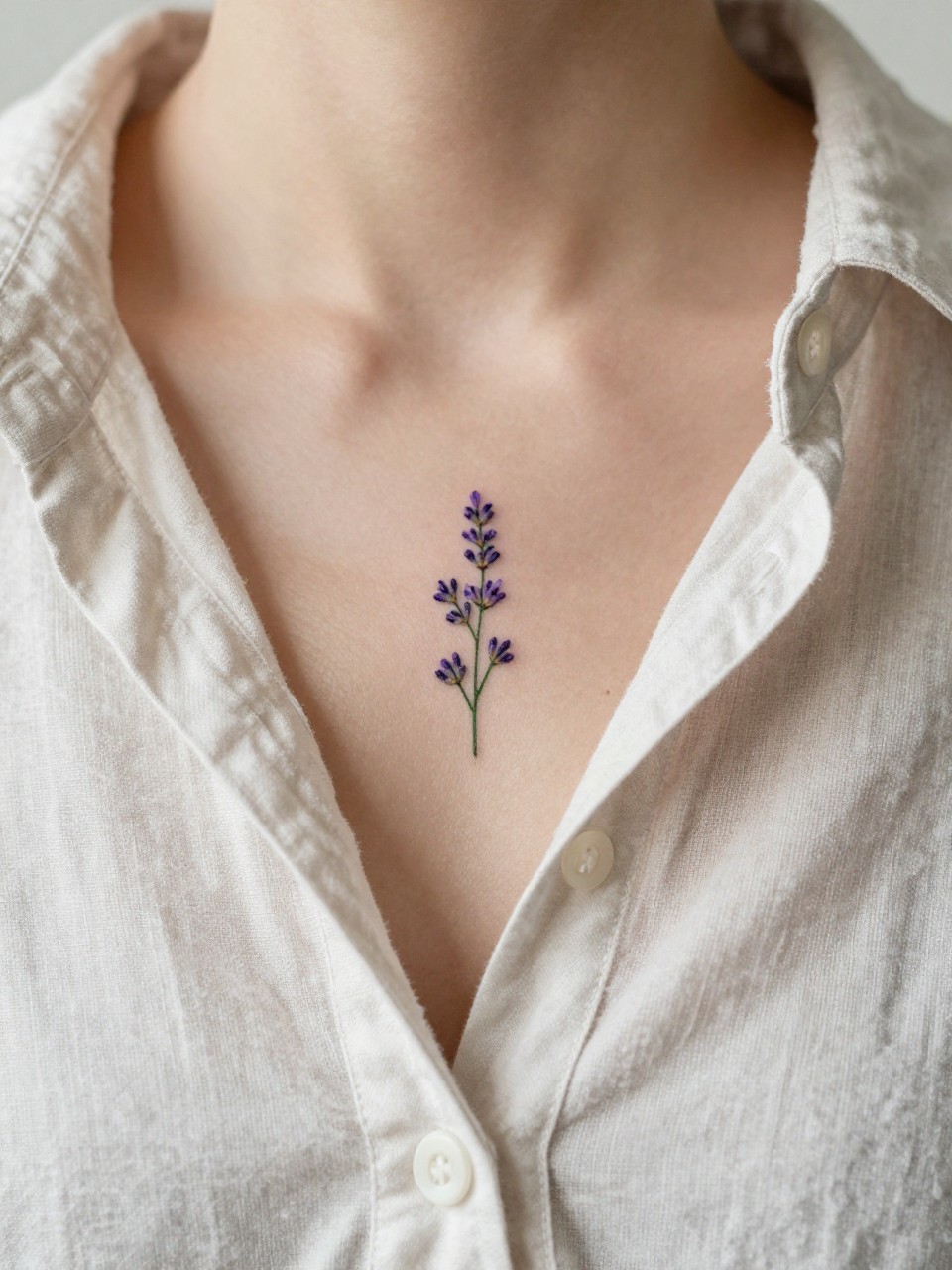  "Macro shot of a fine-line lavender sprig tattoo on the middle chest. The tiny purple dots and green stem are crisp against her skin. She is wearing a soft, oversized linen button-down shirt, slightly open. Soft, diffused light, fresh and peaceful vibe."