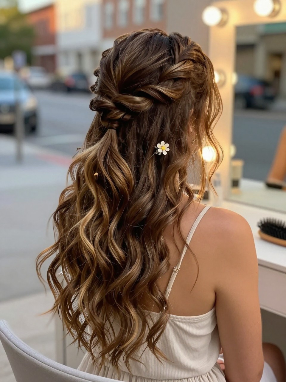 Photo of a woman wearing a loose boho half up braid with soft texture and waves down, back-of-head view, setting in a softly blurred city street background, lighting golden hour glow, containing a small lived-in detail such as a small flower clip near the vanity and a hairbrush on the counter, latest iPhone photo quality.