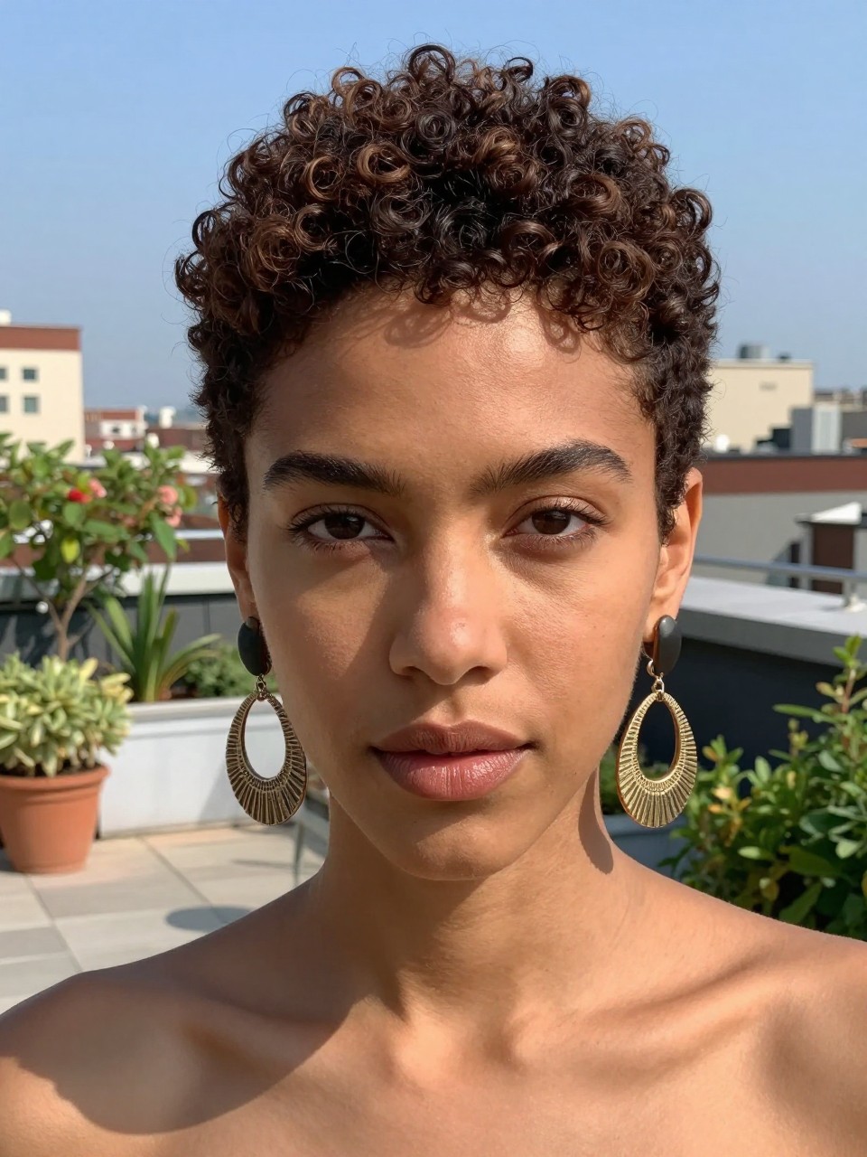 Photo of a biracial woman with a curly textured pixie cut, front-facing view, setting is a rooftop garden, lighting is bright sunlight, containing statement earrings, iPhone photo quality.
