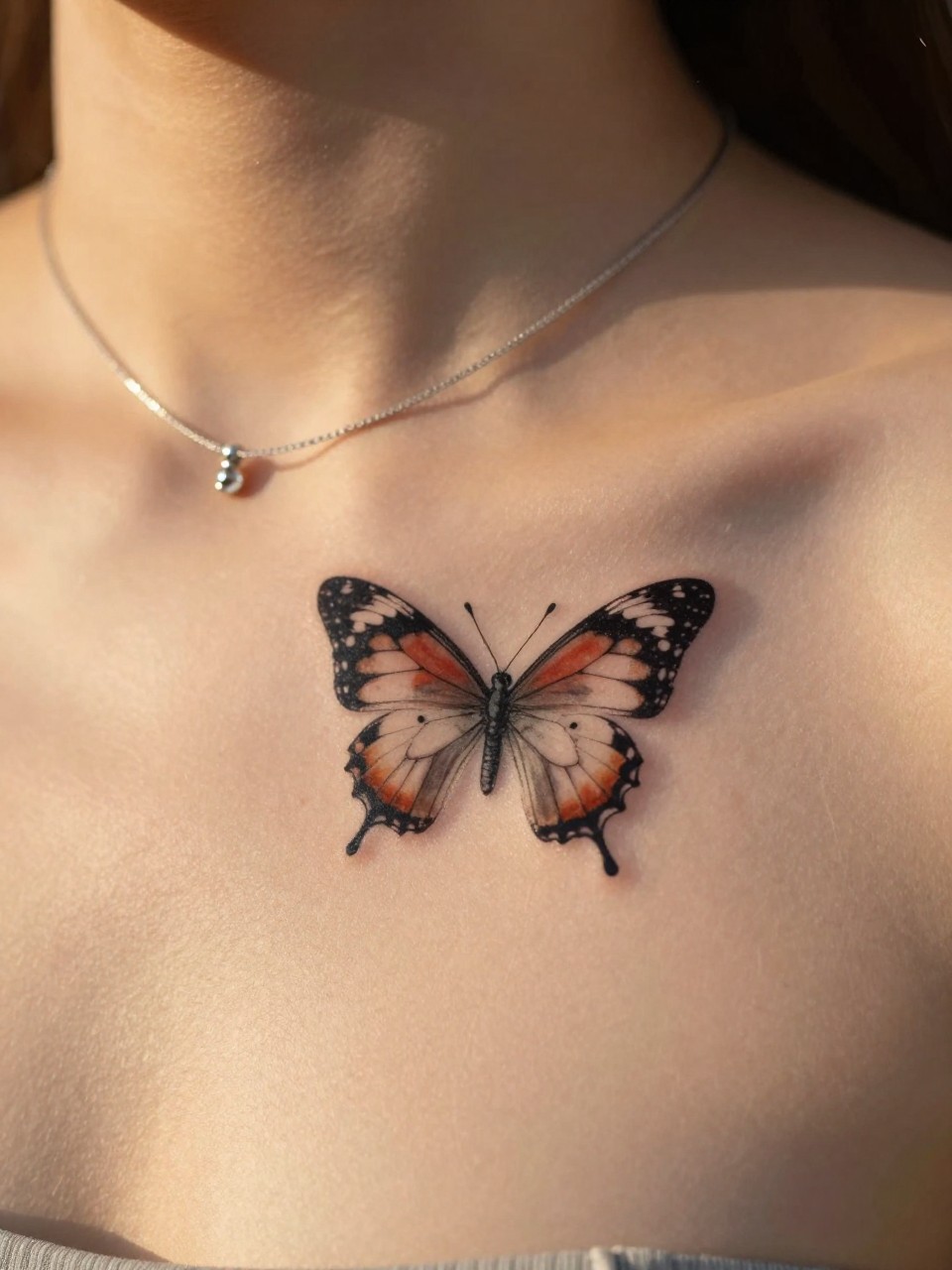  "Extreme close-up of a small, detailed butterfly tattoo on the upper middle chest, just below the collarbones. The fine details of the wings are sharply in focus. She is wearing a simple, silver necklace that hangs just above it. Soft, warm, golden hour light."
