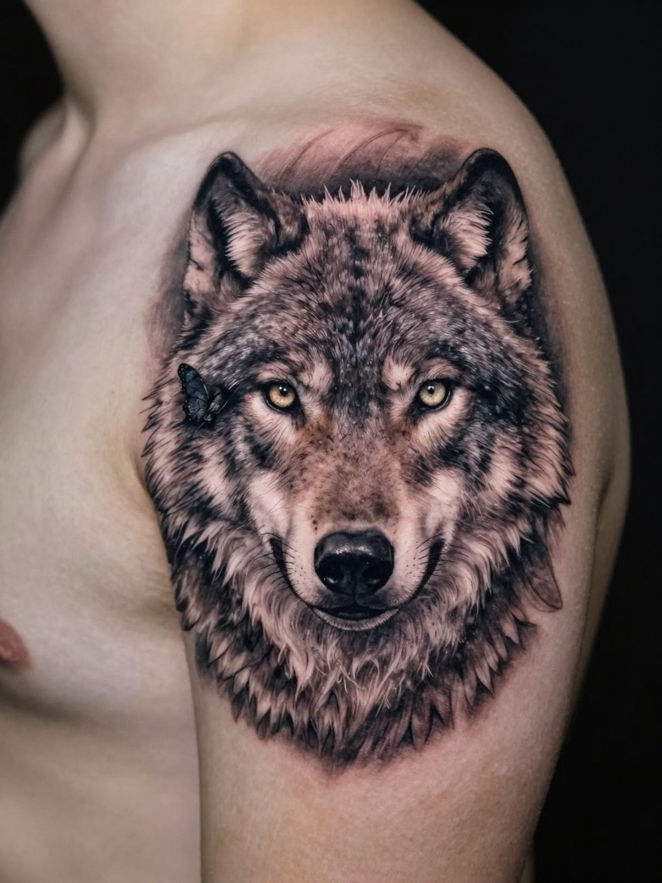 "Detailed shot of a shoulder/chest tattoo: a realistic wolf portrait where the pupil of its eye is a intricate butterfly. Focus on the intensity and symbolic fusion."