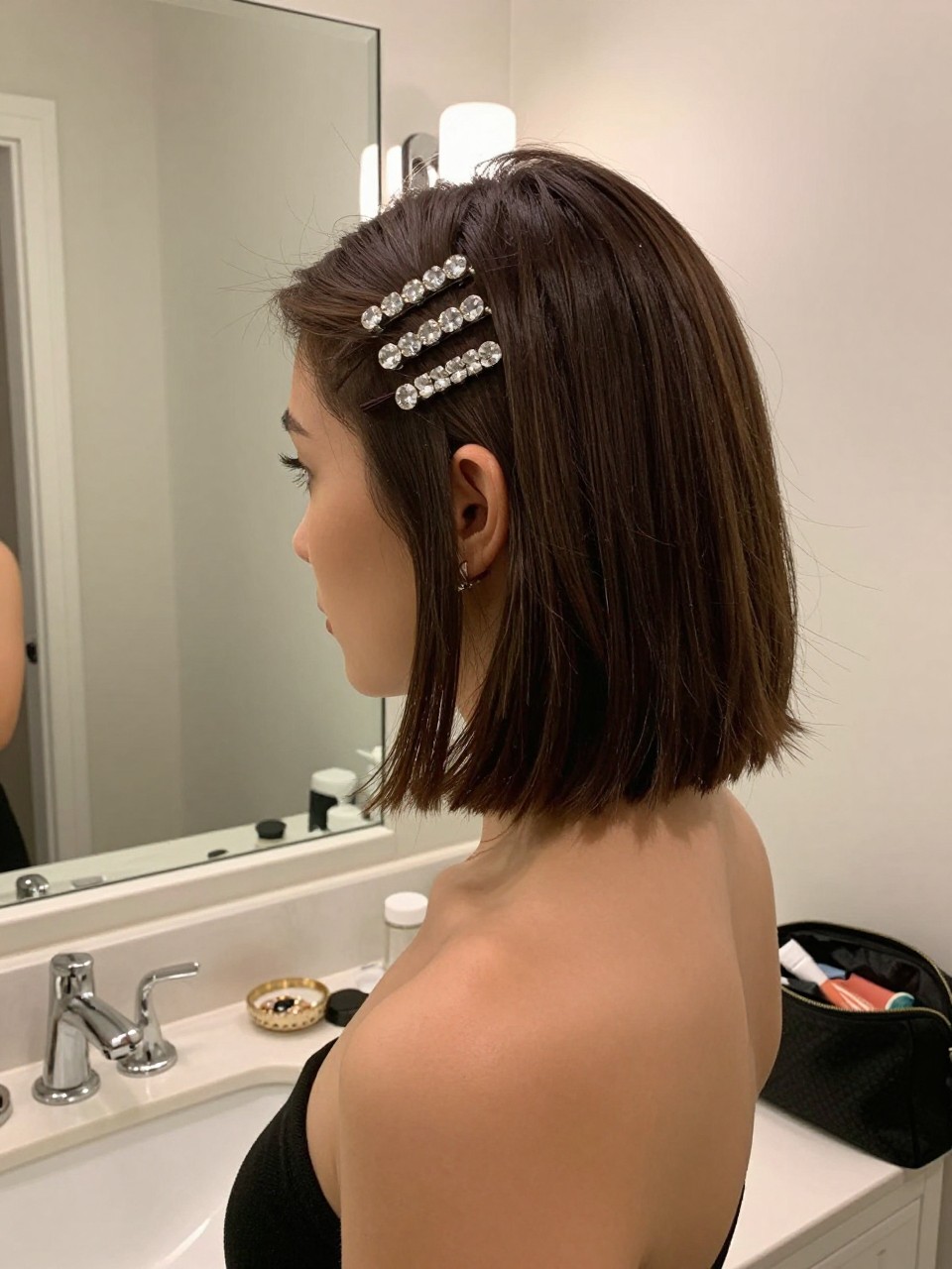 Photo of a woman wearing a short bob pinned on one side with a row of crystal hair pins, side profile view, setting in a bathroom vanity mirror, lighting soft indoor lighting, containing a small lived-in detail such as a small jewelry dish on the counter and a makeup bag nearby, latest iPhone photo quality.