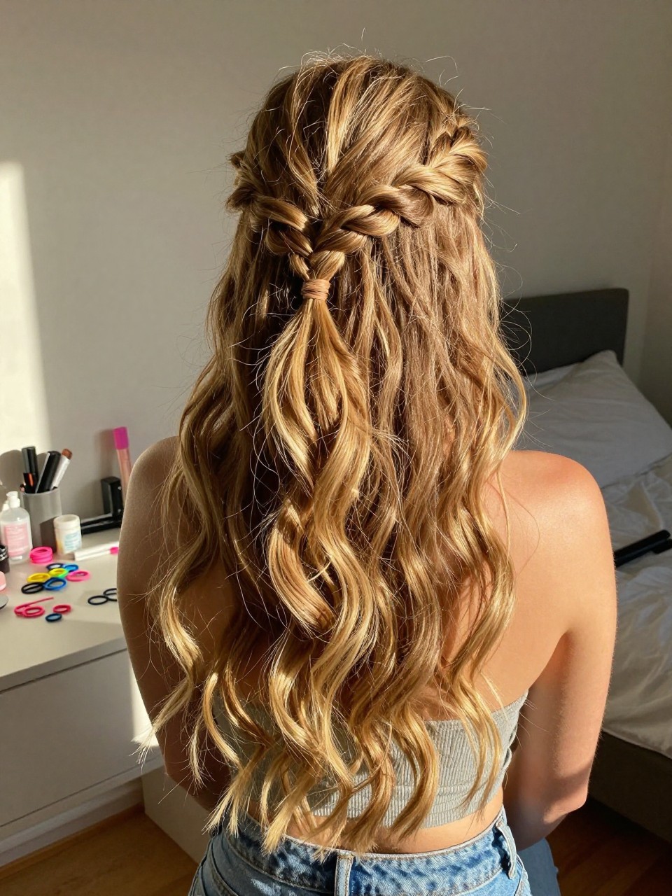 Photo of a white woman wearing a waterfall braid with loose waves on long hair, back-of-head view to show braid detail, setting in a sun-drenched bedroom, lighting golden hour glow, containing a small lived-in detail such as mini elastics on the vanity and a curling iron on the counter, latest iPhone photo quality.