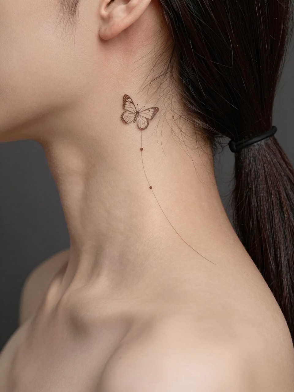 "Macro photograph of the neck and shoulder curve: a tiny butterfly behind the ear connects via three faint dots to a minimalist wing outline on the collarbone. Hair is swept away. Delicate and sophisticated."