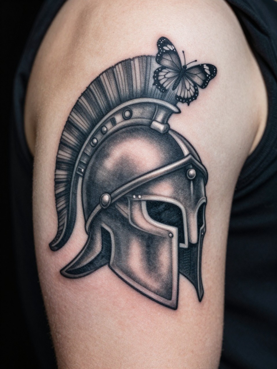  "Macro shot of a bicep tattoo: a detailed Spartan helmet in grey wash, with a single, bold butterfly on its plume. Stark contrast between the metallic helmet and organic insect."
