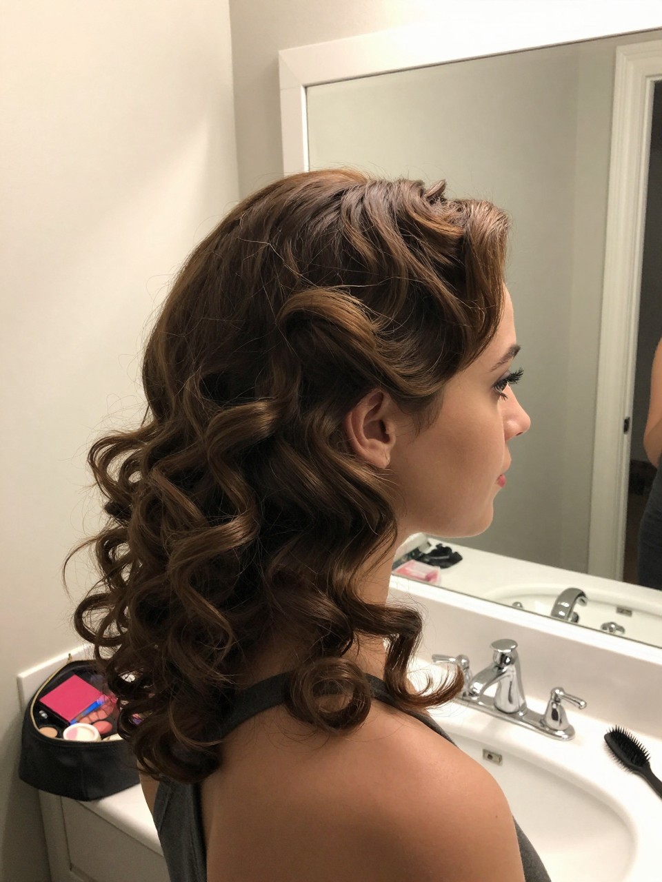 Photo of a woman wearing a half up half down hairstyle with vintage-inspired crown volume and soft curls, side profile view, setting in a bathroom vanity mirror, lighting soft indoor lighting, containing a small lived-in detail such as a teasing comb on the counter and a makeup bag nearby, latest iPhone photo quality.