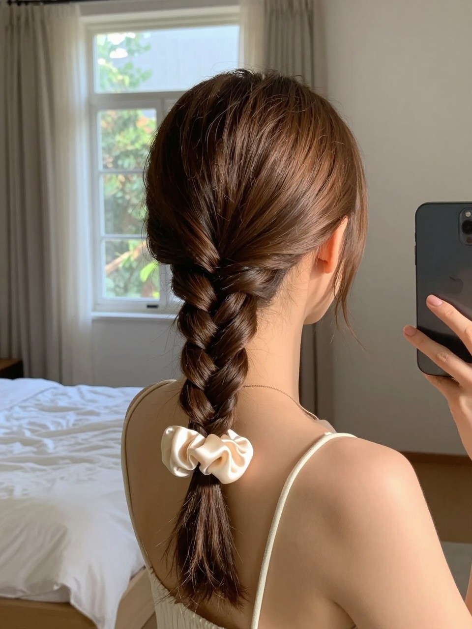 Photo of a woman wearing a braided slick back, back-of-head view showing the braid integrated into the style, setting is a sun-drenched bedroom with natural window light, containing a silk scrunchie on her wrist, iPhone photo quality.