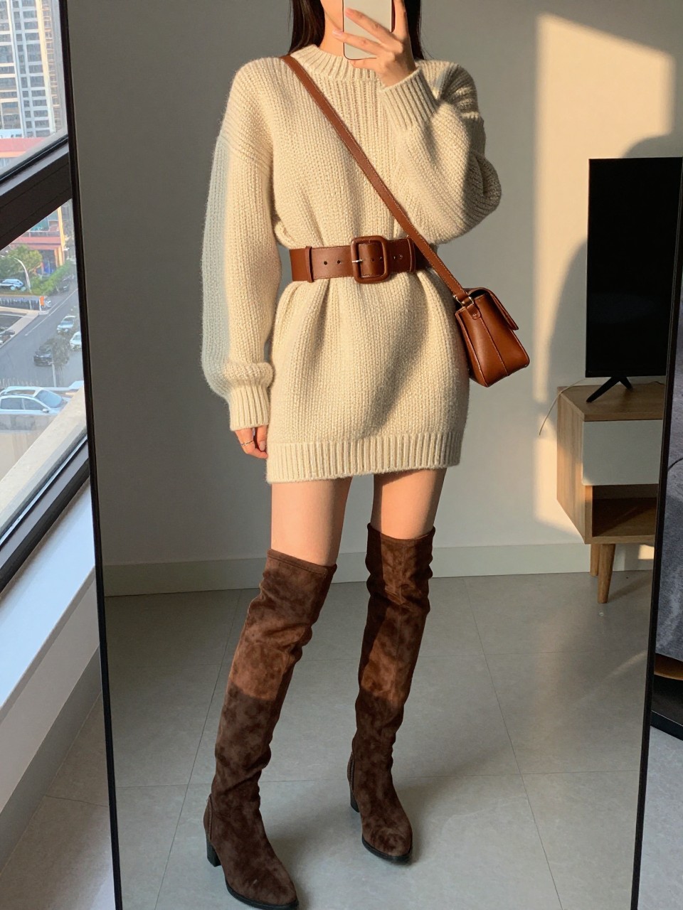 iPhone mirror selfie of a woman wearing a cream chunky knit sweater dress cinched with a wide brown leather belt and matching brown suede over-the-knee boots, a brown crossbody bag, posed with one hand on the belt, cropped at NECK so face doesn't show, in a city apartment, evening golden hour, iPhone photo quality.
