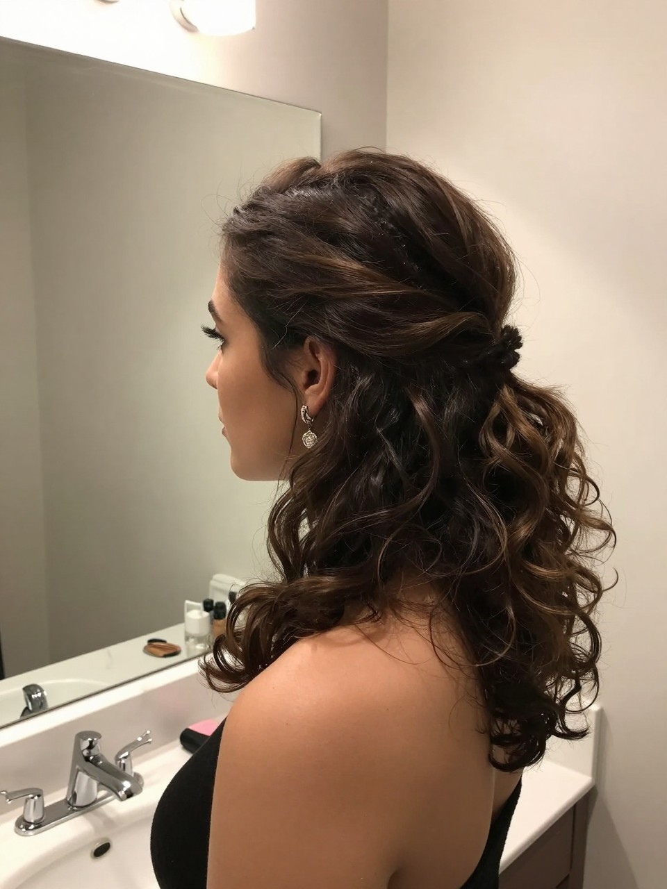 Photo of a woman wearing a half up half down hairstyle with a soft side sweep and loose curls, side profile view, setting in a bathroom vanity mirror, lighting soft indoor lighting, containing a small lived-in detail such as bobby pins on the counter and statement earrings peeking through, latest iPhone photo quality.