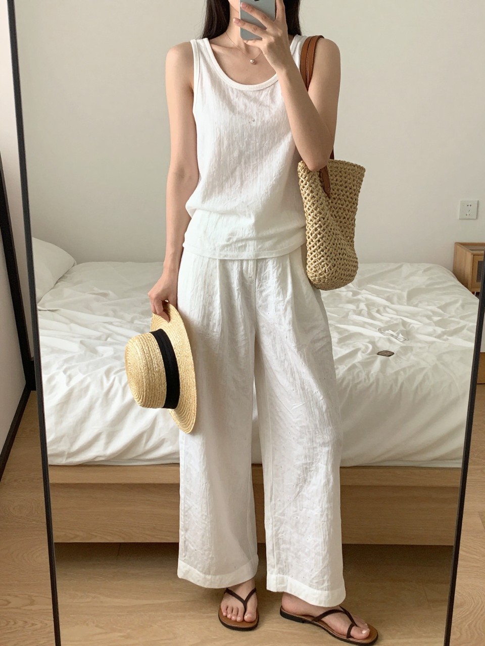 iPhone mirror selfie of a woman in a matching white linen tank and wide leg pants with flat sandals, holding a straw hat, casual stance facing mirror, cropped at NECK so face doesn't show, in a bright feminine-themed bedroom, warm moody lighting, iPhone photo quality.