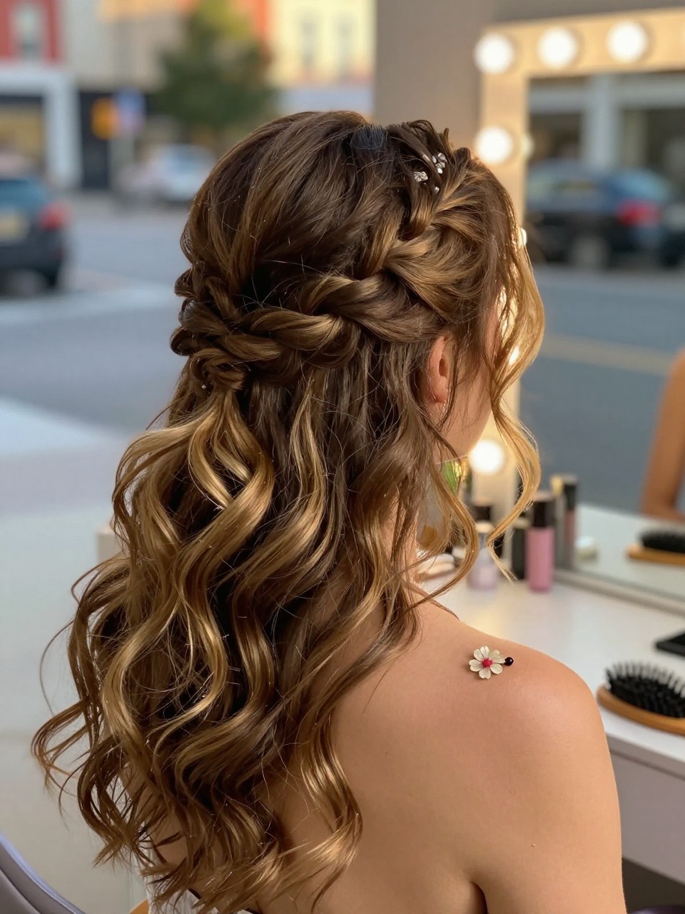 Photo of a woman wearing a half-up braided crown with loose waves down, back-of-head view, setting in a softly blurred city street background, lighting golden hour glow, containing a small lived-in detail such as a small flower pin near the vanity and a hairbrush on the counter, latest iPhone photo quality.