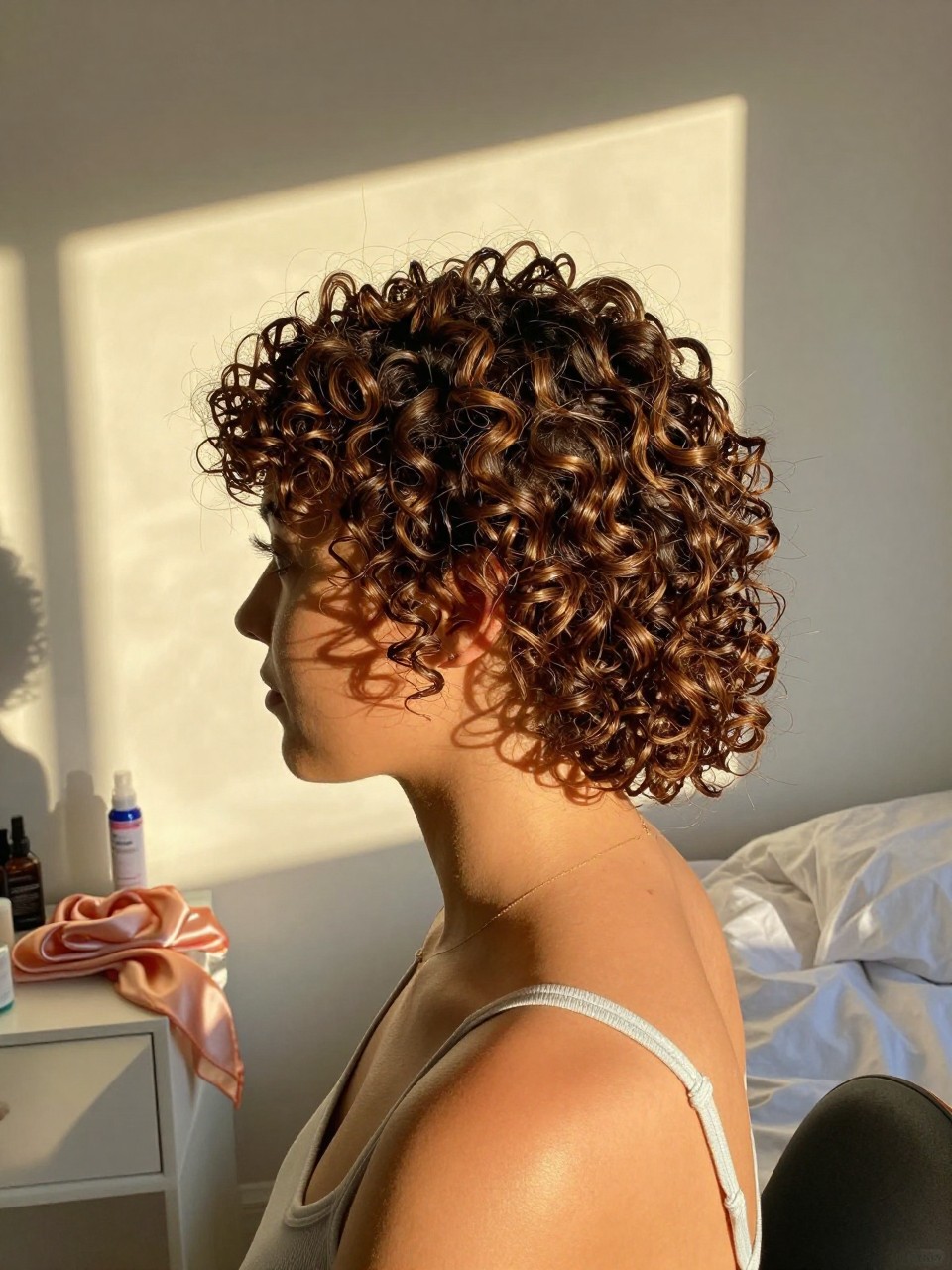 Photo of a woman wearing a curly pineapple updo with neatly set edges, side profile view, setting in a sun-drenched bedroom, lighting golden hour glow, containing a small lived-in detail such as a satin scarf on the vanity and a curl spray bottle nearby, latest iPhone photo quality.
