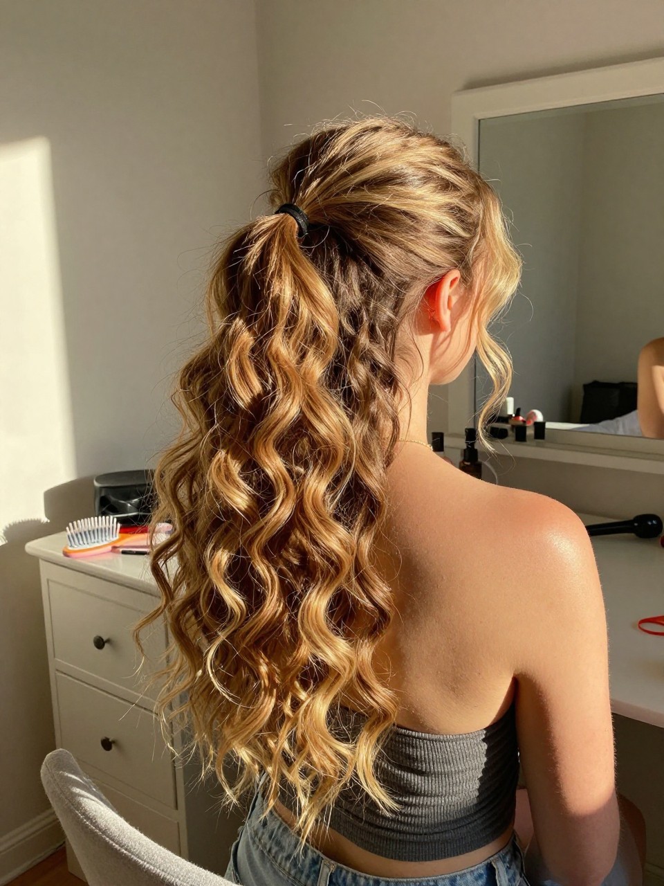 Photo of a white woman wearing a half-up ponytail with big curls down on long hair, back-of-head view, setting in a sun-drenched bedroom, lighting golden hour glow, containing a small lived-in detail such as a teasing comb on the vanity and a curling iron on the counter, latest iPhone photo quality.