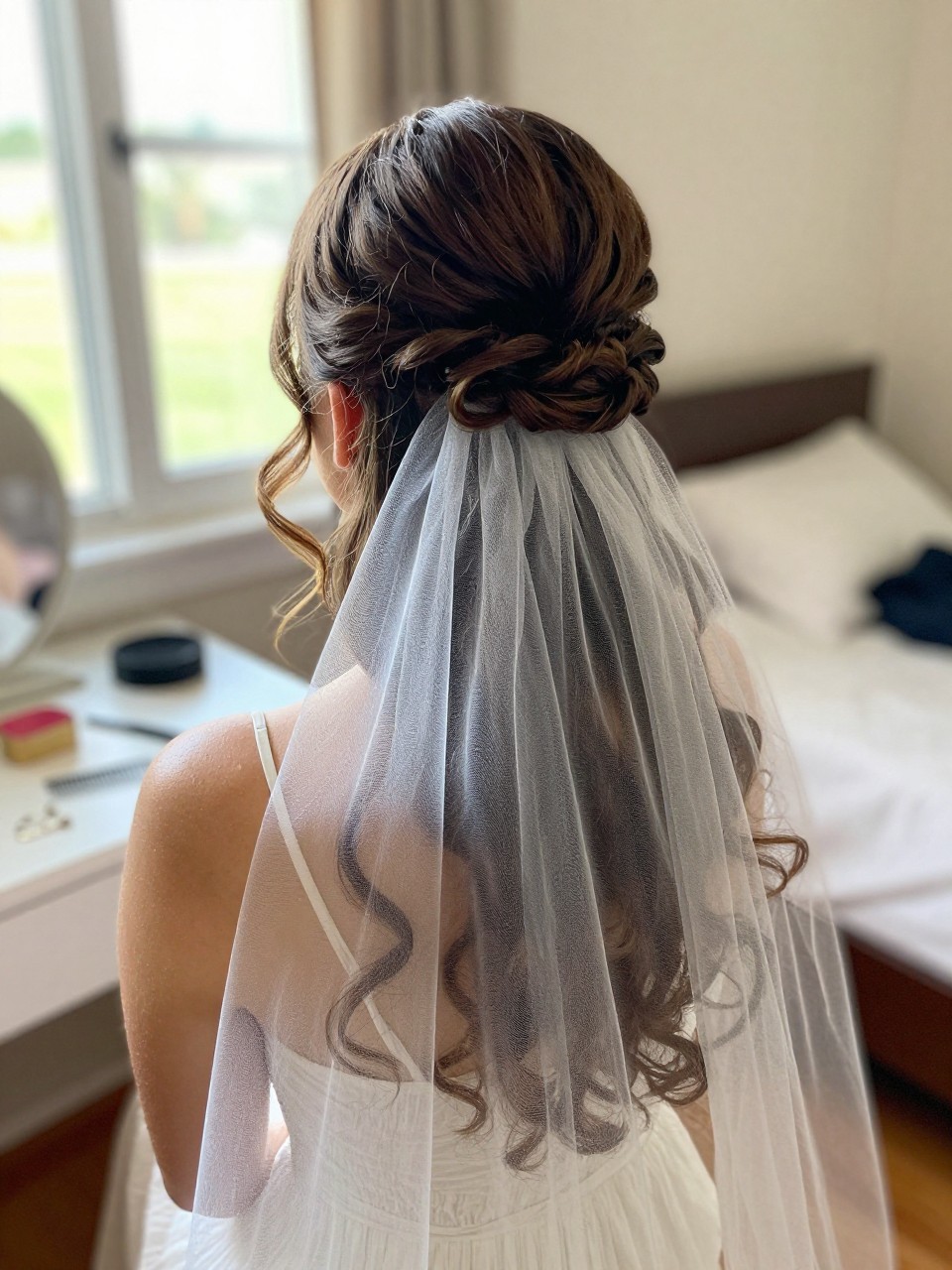 Photo of a woman wearing a veil-friendly half up half down hairstyle with soft curls and a secure pinned back section, back-of-head view, setting in a sun-drenched bedroom, lighting natural window light, containing a small lived-in detail such as a veil comb on the vanity and bobby pins nearby, latest iPhone photo quality.