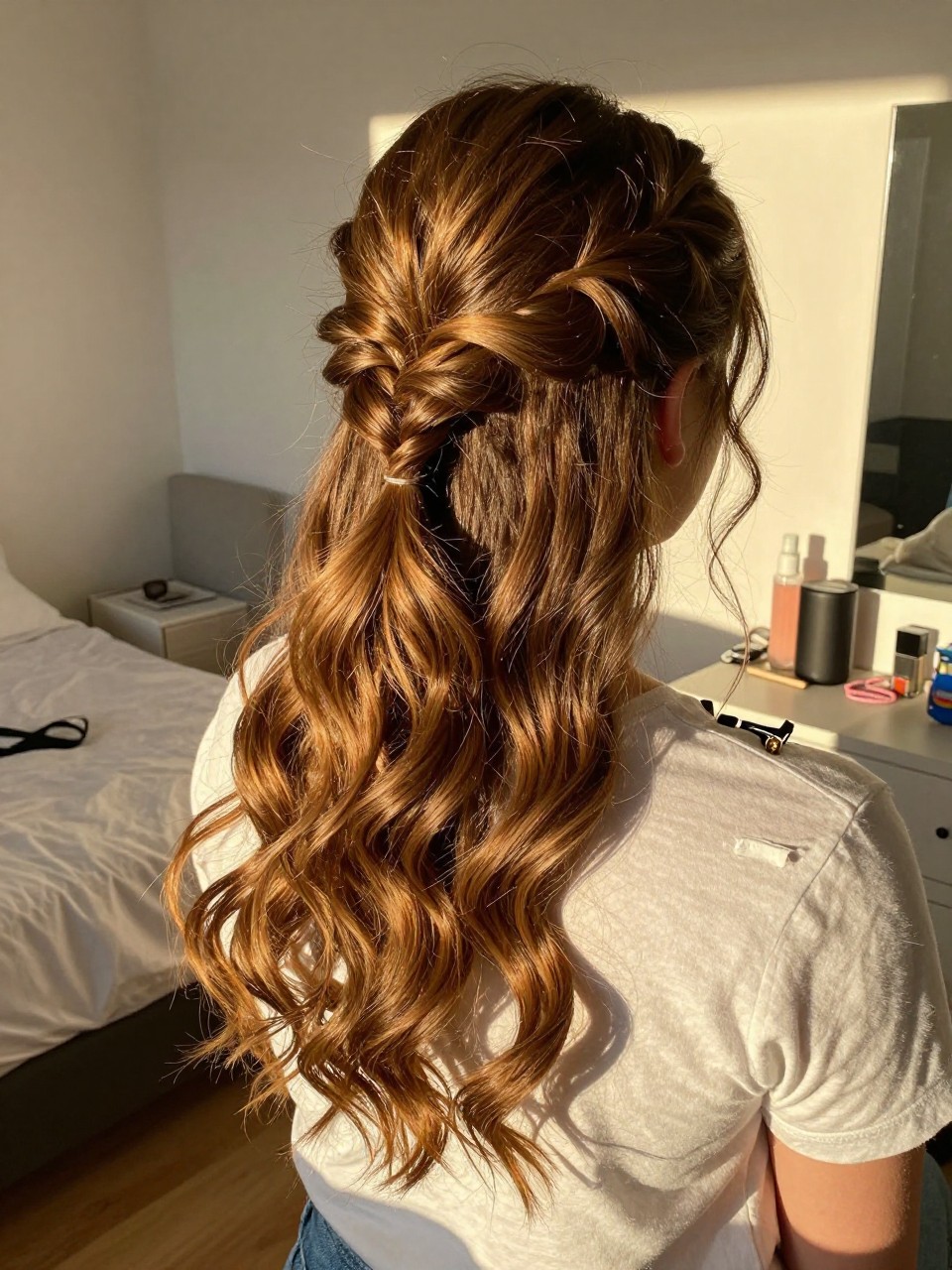 Photo of a woman wearing a half up half down waterfall braid with soft waves down, back-of-head view, setting in a sun-drenched bedroom, lighting golden hour glow, containing a small lived-in detail such as a hair clip clipped to the collar and mini elastics on the vanity, latest iPhone photo quality.