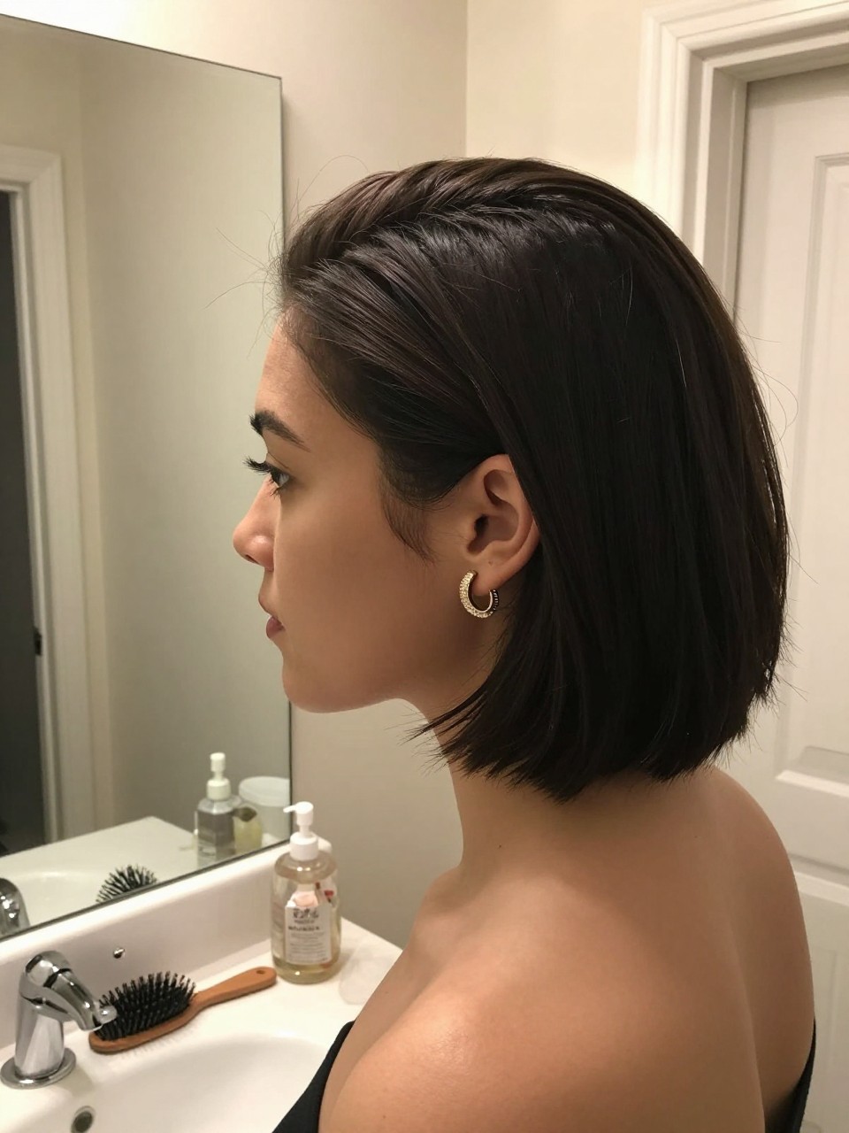 Photo of a woman wearing a sleek side-part tucked short bob, side profile view to show ear tuck, setting in a bathroom vanity mirror, lighting soft indoor lighting, containing a small lived-in detail such as a hairbrush on the vanity and statement earrings peeking through, latest iPhone photo quality.