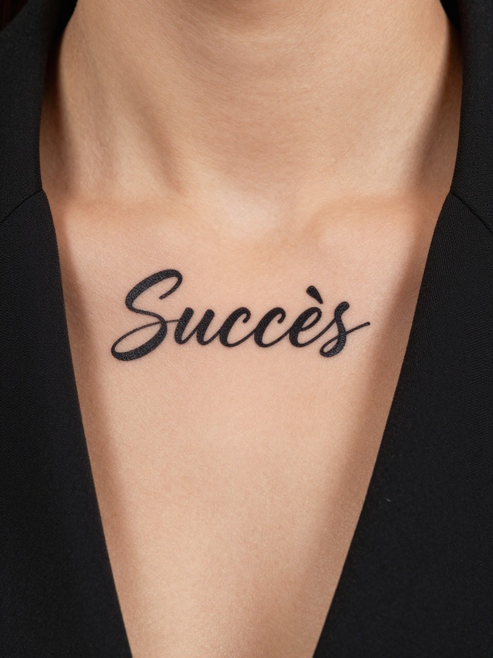 "Macro photograph of 'Succès' in sleek, modern calligraphy on the collarbone. The skin is flawless, paired with a simple, sharp blazer lapel. Confident and clean."