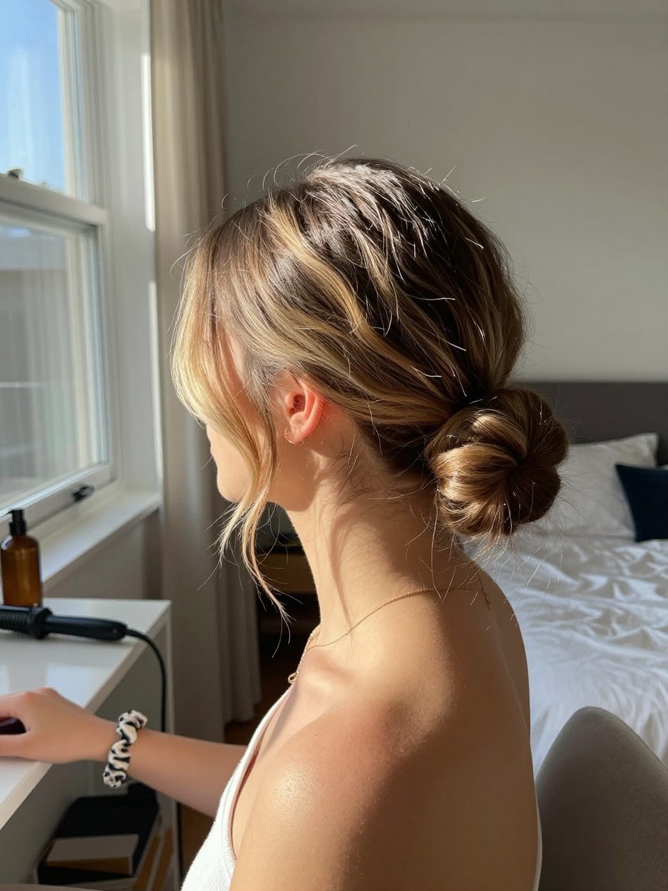 Photo of a white woman wearing a low bun with a side-swept front piece on long hair, side profile view, setting in a sun-drenched bedroom, lighting natural window light, containing a small lived-in detail such as a curling iron on the counter and a scrunchie on the wrist, latest iPhone photo quality.