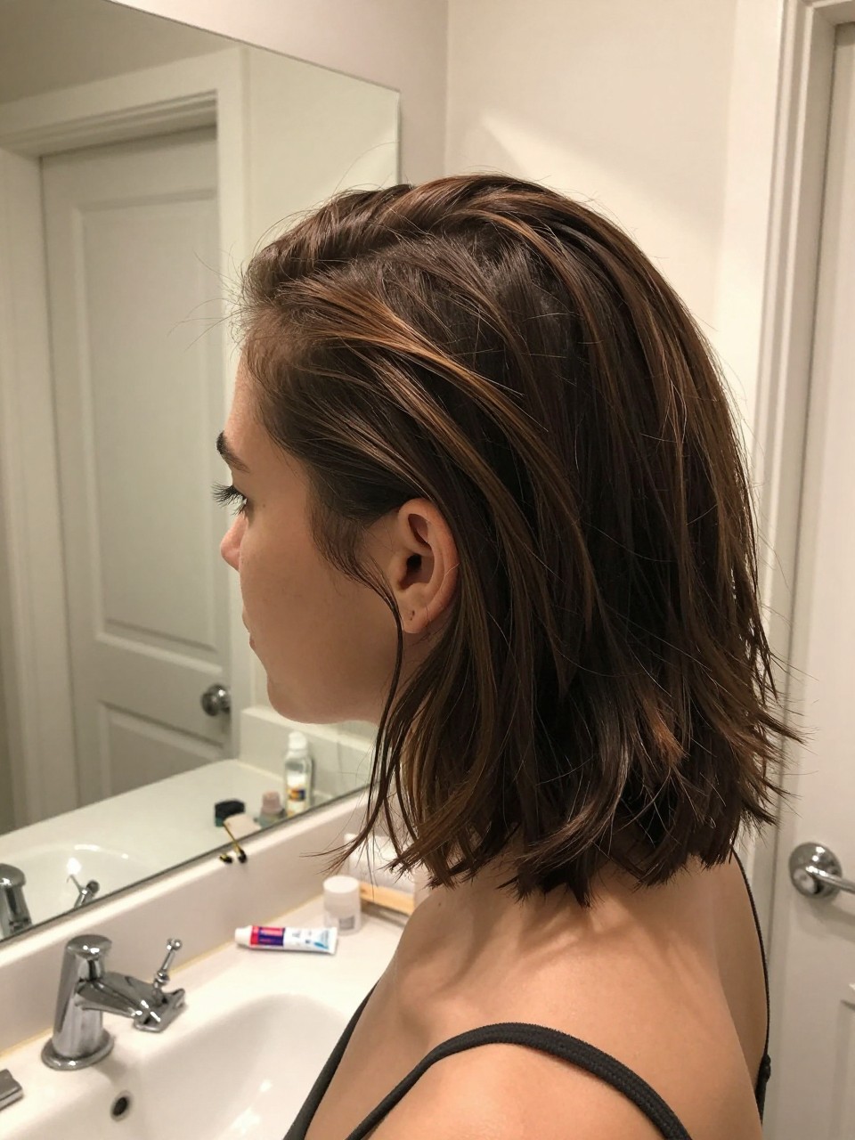Photo of a woman wearing modern finger waves on short hair with a deep side part, side profile view, setting in a bathroom vanity mirror, lighting soft indoor lighting, containing a small lived-in detail such as duckbill clips on the counter and a small gel tube nearby, latest iPhone photo quality.