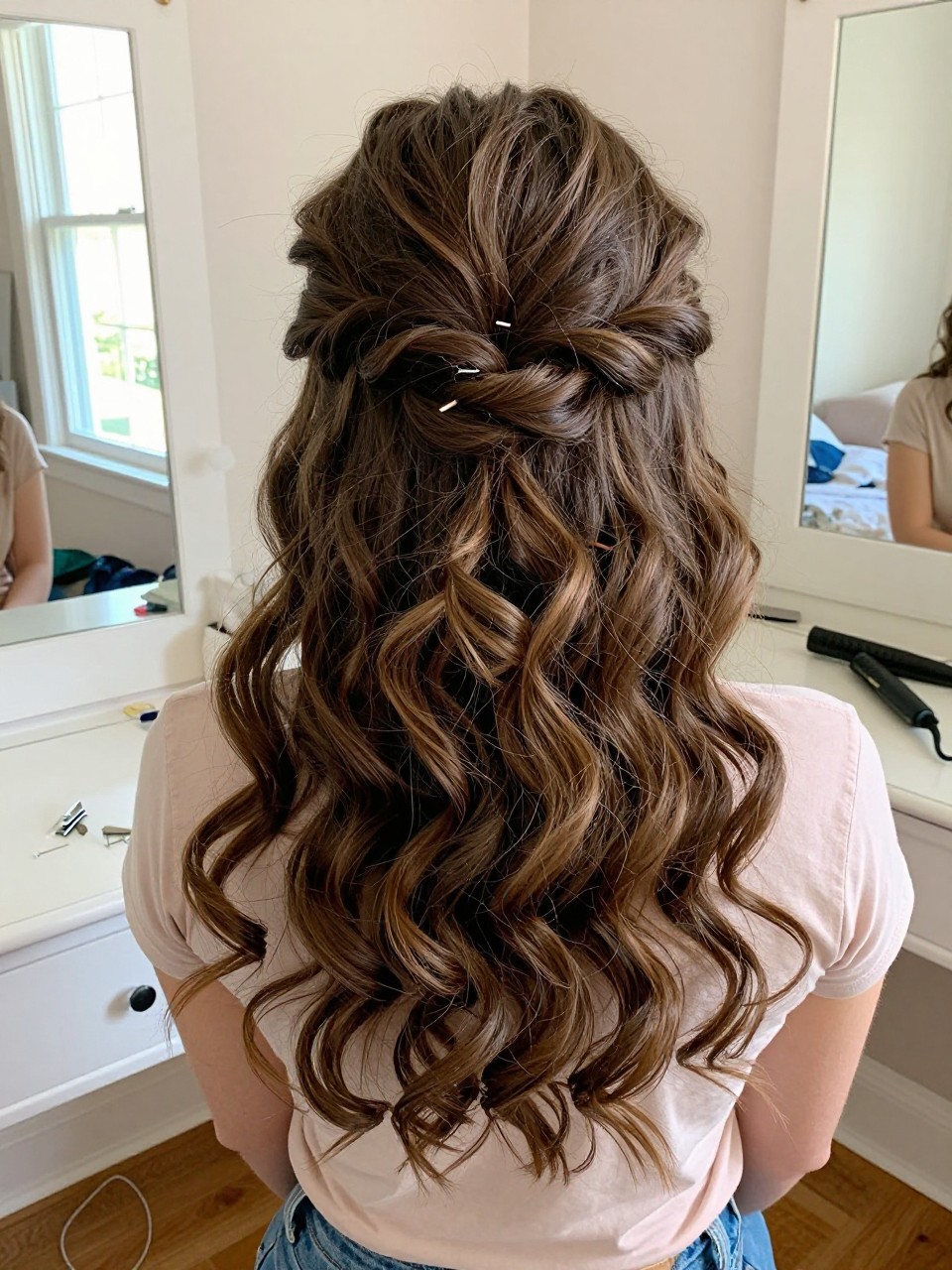 Photo of a woman wearing a romantic half up half down hairstyle with soft curls and hidden pins at the back, back-of-head view, setting in a sun-drenched bedroom, lighting natural window light, containing a small lived-in detail such as bobby pins on the vanity and a curling iron on the counter, latest iPhone photo quality.