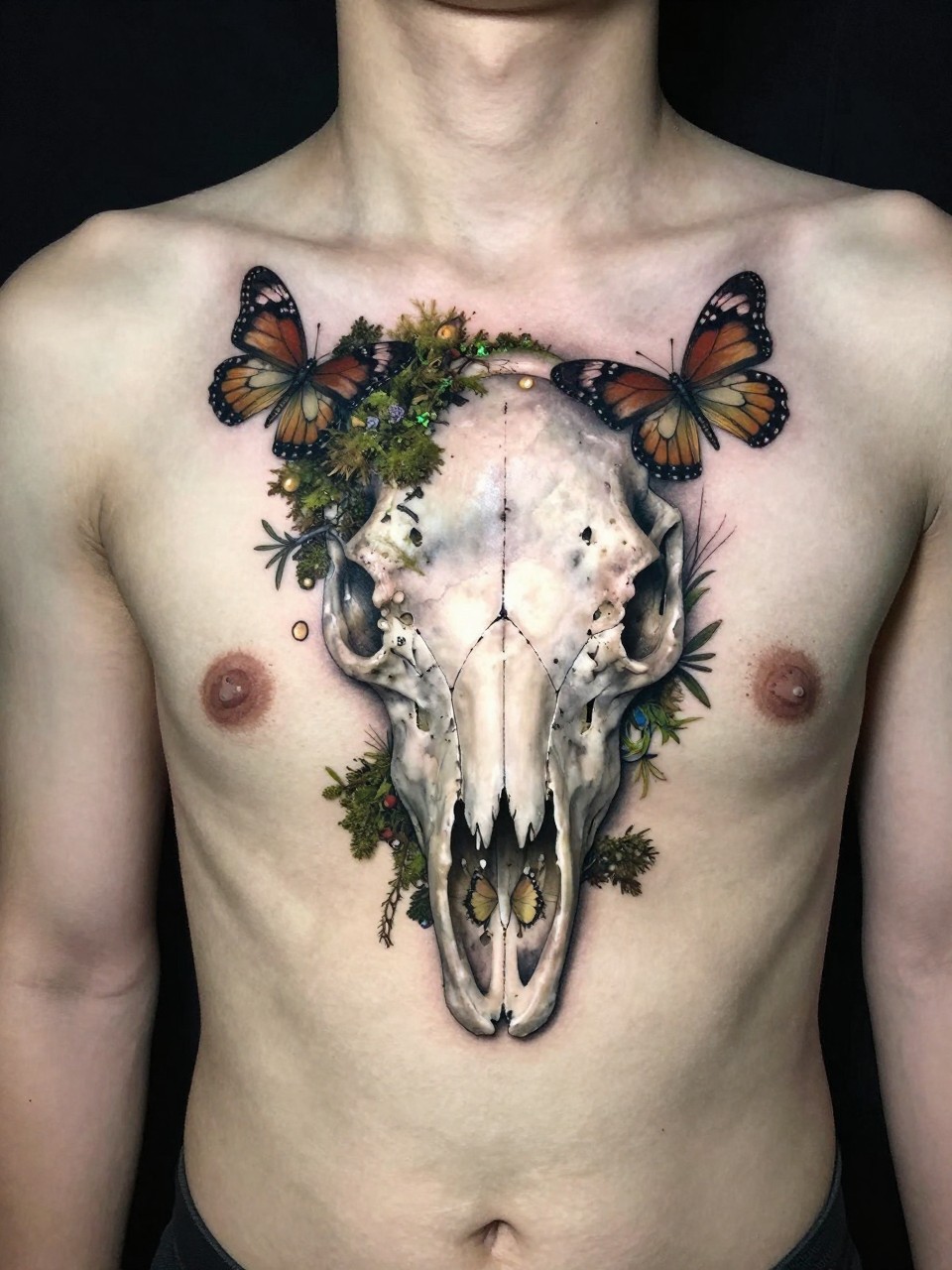 "Chest/sternum piece: a detailed animal skull tattoo with realistic butterflies and moss growing from its structure. Dark, naturalistic, and powerfully symbolic."