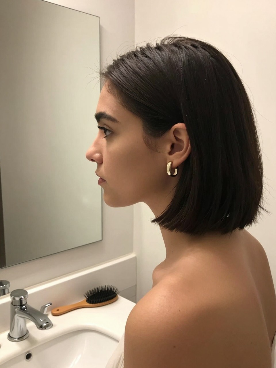 Photo of a woman wearing a sleek side-part tucked bob, side profile view to show the ear tuck and earrings, setting in a bathroom vanity mirror, lighting soft indoor lighting, containing a small lived-in detail such as a hairbrush on the vanity and statement earrings peeking through, latest iPhone photo quality.