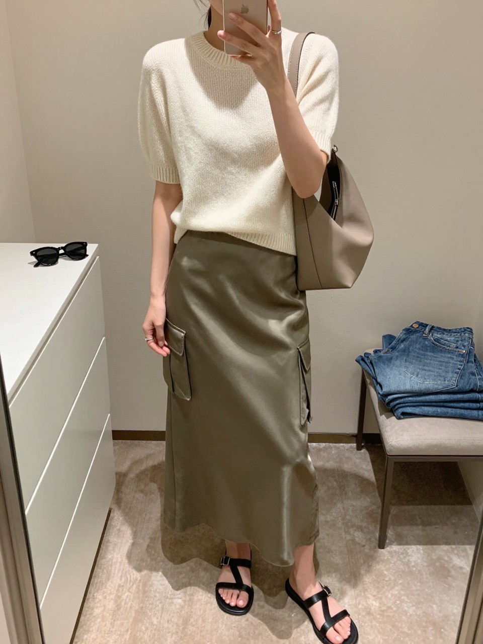 mirror selfie of a woman wearing the exact outfit described above, clearly showing a soft cream short-sleeve knit sweater, an olive satin cargo midi skirt, black leather flat sandals, a taupe slouchy shoulder bag, and smoky pastel sunglasses, holding a phone in front of a mirror, cropped at NECK so the face does not show, with a relaxed casual selfie pose, in a walk-in closet mirror, soft indoor lighting, including sunglasses placed on a dresser and folded denim jeans on a bench, latest iPhone photo quality. (no watermarks on images)
