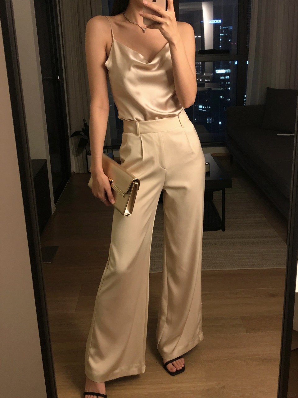 iPhone mirror selfie of a woman in a champagne silk camisole front-tucked into wide leg pants with heeled sandals, holding a clutch, angled body pose, cropped at NECK so face doesn't show, in a dim city apartment, warm moody lighting, iPhone photo quality.