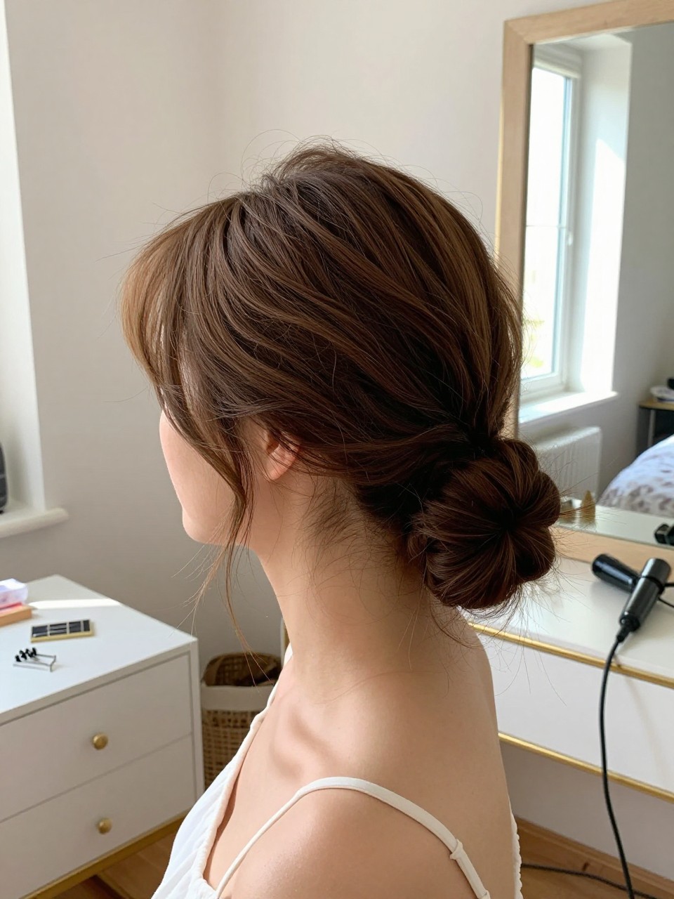 Photo of a woman wearing a soft low chignon with face-framing pieces on medium-length hair, side profile view, setting in a sun-drenched bedroom, lighting natural window light, containing a small lived-in detail such as bobby pins on the vanity and a curling iron on the counter, latest iPhone photo quality.
