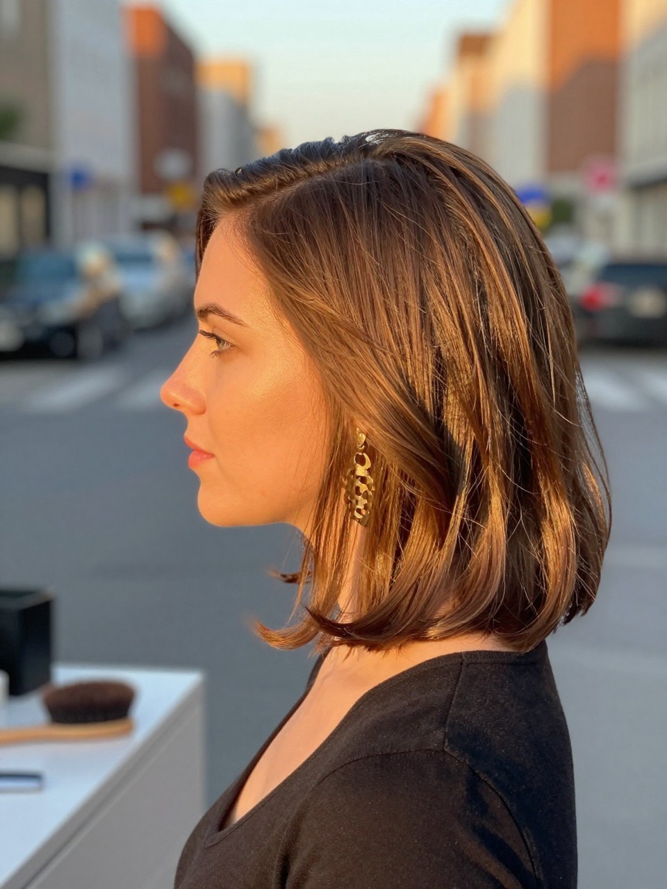 Photo of a white woman wearing a smooth blowout lob with ends curled under, side profile view, setting in a softly blurred city street background, lighting golden hour glow, containing a small lived-in detail such as a round brush on the vanity and statement earrings peeking through, latest iPhone photo quality.