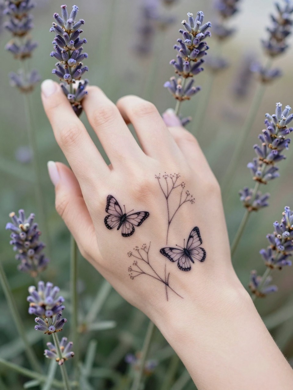  "Close-up of the back of a hand adorned with a garden scene: two small butterflies and sprigs of baby's breath tattooed in fine lines. The hand is brushing against real lavender stems. Soft, natural focus."