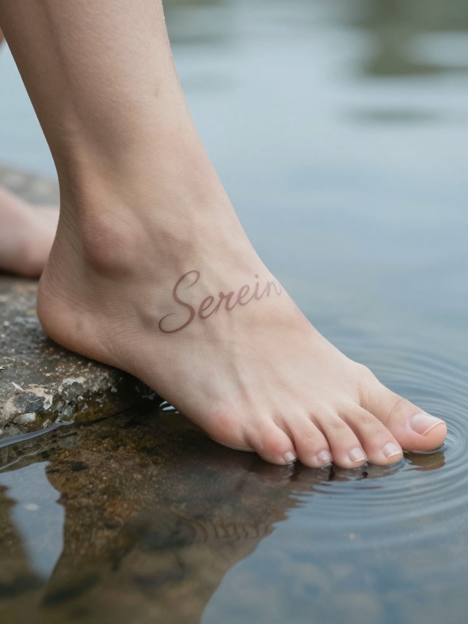"Macro shot of 'Serein' in gentle, watery script on the ankle. The foot is perched on the edge of a still, reflective pool of water. Utterly calm and peaceful focus."