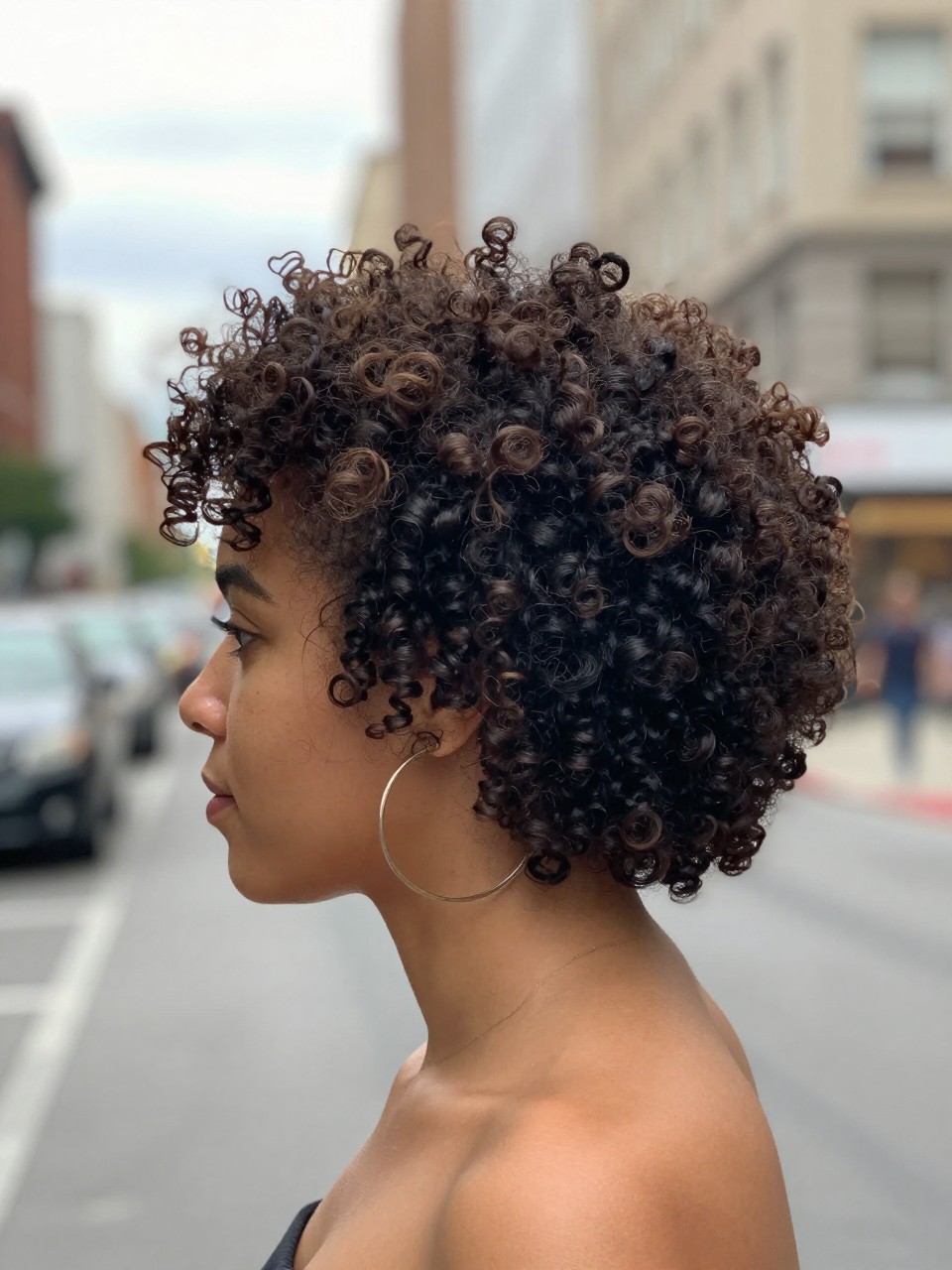 Photo of a woman wearing a curly Bantu knot-out, side profile view showing voluminous, defined curls, setting is a blurred city street background with soft overcast light, containing a pair of hoop earrings visible, iPhone photo quality.