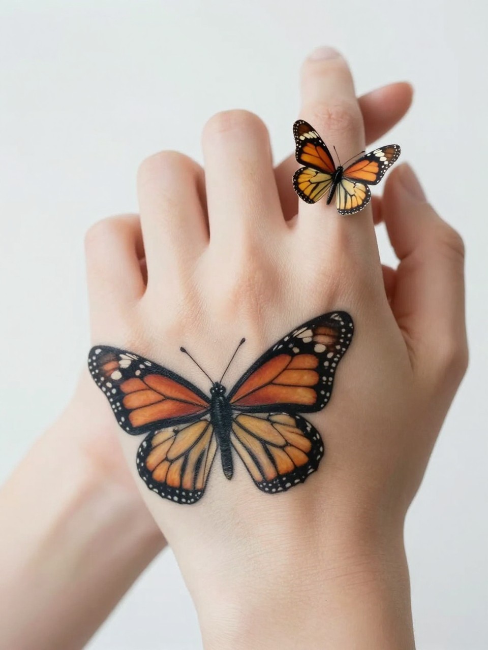 "Macro shot of a hand, showing a detailed monarch butterfly tattoo on the wrist bone and a micro butterfly on the fingernail of the pointed index finger. Soft blur between them suggests movement. Clean, bright background."