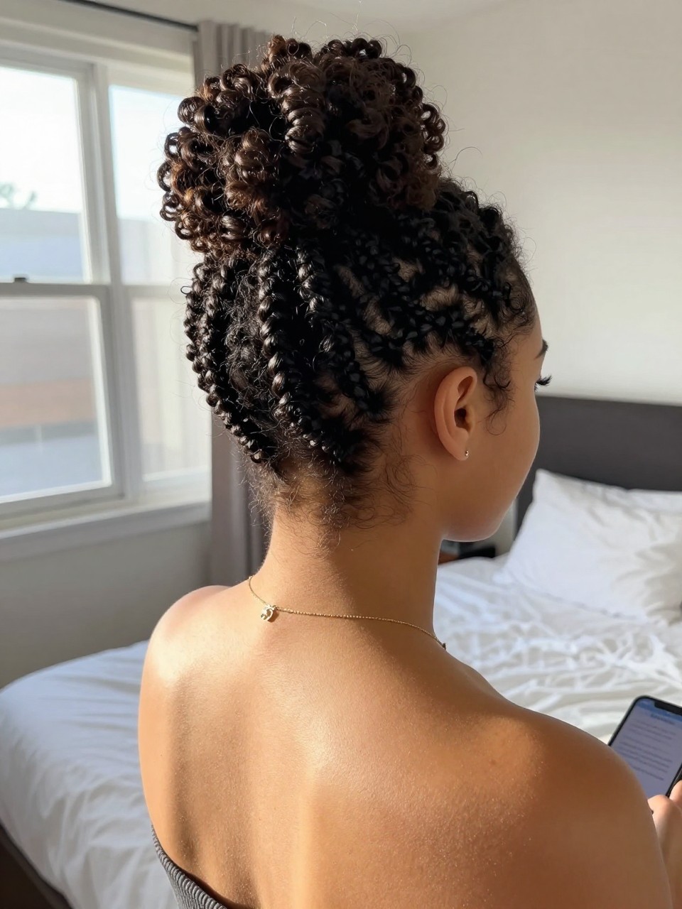 Photo of a woman wearing a curly locs half-up style with twist, back-of-head view showing the joined twists, setting is a sun-drenched bedroom with natural window light, containing a simple gold necklace visible, iPhone photo quality.