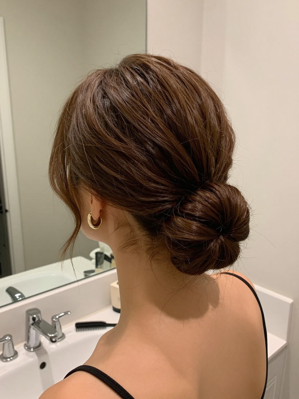 Photo of a woman wearing a sleek low chignon with a clean middle part, back-of-head view to highlight the chignon shape, setting in a bathroom vanity mirror, lighting soft indoor lighting, containing a small lived-in detail such as a fine-tooth comb on the counter and statement earrings peeking through, latest iPhone photo quality.