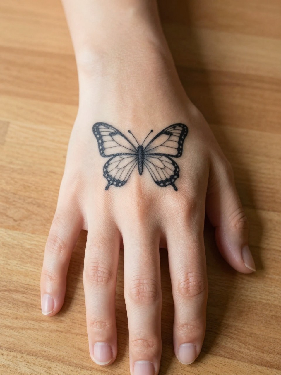 "Close-up on a hand with a fine-line butterfly tattoo spanning the index and middle finger knuckles. The hand is relaxed, palm down on a sunlit wooden table. Focus on how the design conforms to the knuckle bones."