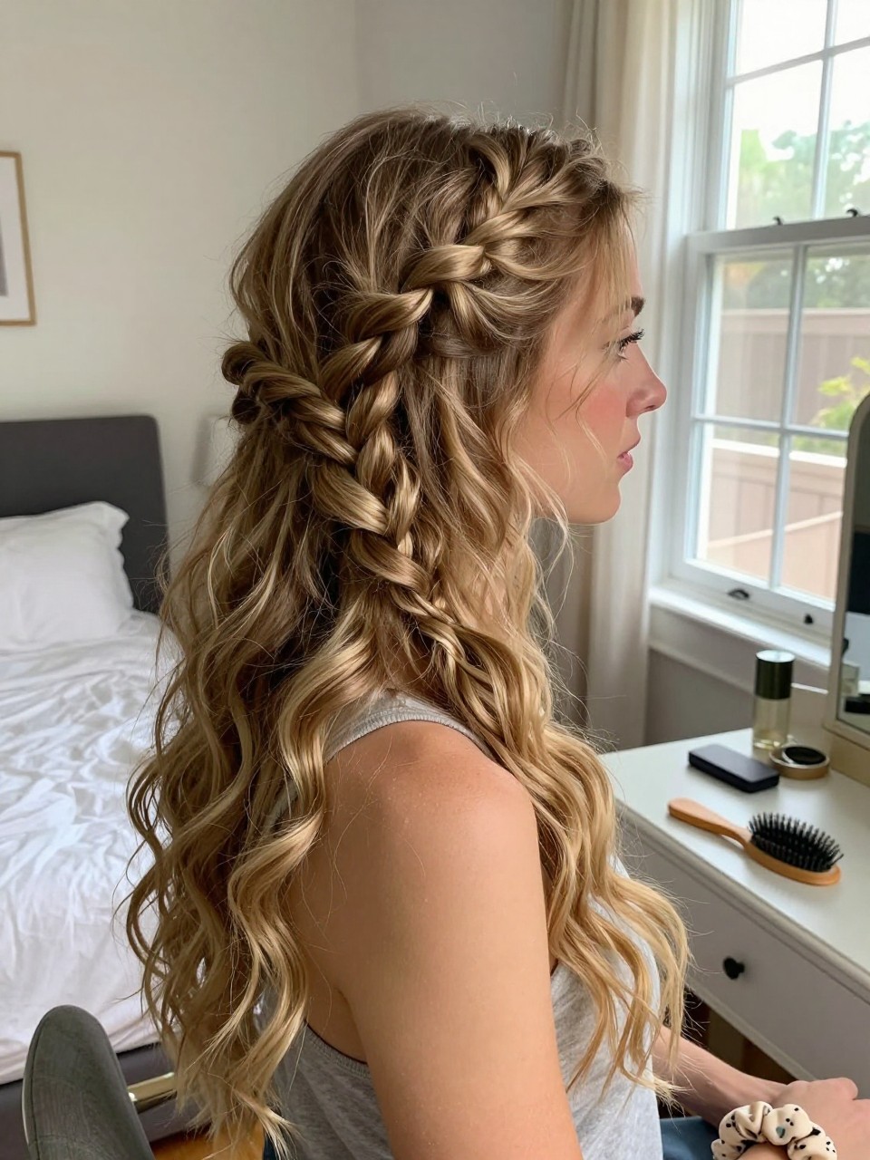 Photo of a white woman wearing a loose side braid with soft waves on long hair, side profile view, setting in a sun-drenched bedroom, lighting natural window light, containing a small lived-in detail such as a hairbrush on the vanity and a scrunchie on the wrist, latest iPhone photo quality.