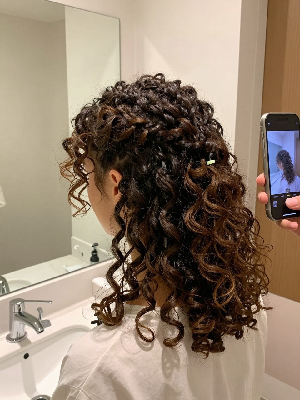 Photo of a woman wearing a curly half-up with twisted sides, back-of-head view showing the twists meeting, setting is a bathroom vanity mirror with soft indoor lighting, containing a small hair clip clipped to her collar, iPhone photo quality.