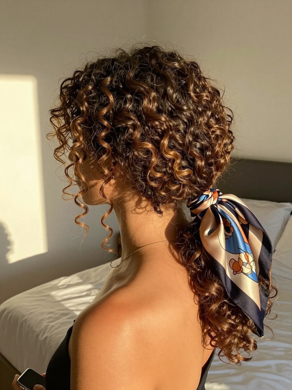 Photo of a woman wearing a curly low pony with volume at crown, side profile view showing lifted crown and low ponytail, setting is a sun-drenched bedroom with golden hour light, containing a silk scarf tied to her bag, iPhone photo quality.