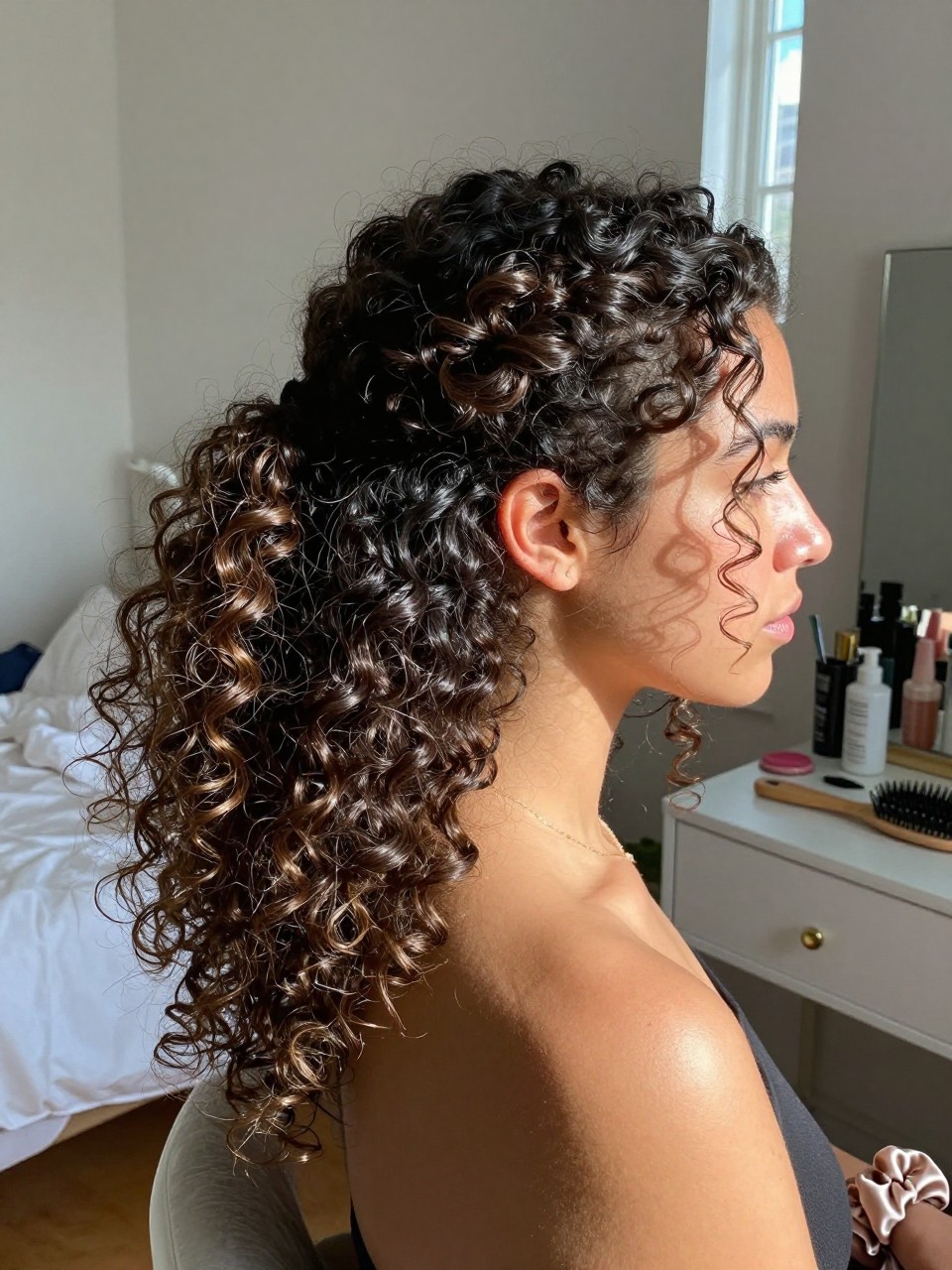 Photo of a woman wearing a side-part curly ponytail with lots of volume, side profile view, setting in a sun-drenched bedroom, lighting natural window light, containing a small lived-in detail such as a silk scrunchie on the wrist and a hairbrush on the vanity, latest iPhone photo quality.