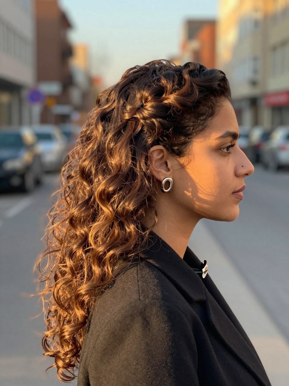 Photo of a woman wearing side-swept curls with one side pinned back on long hair, side profile view, setting in a softly blurred city street background, lighting golden hour glow, containing a small lived-in detail such as a decorative clip clipped to the collar and statement earrings peeking through, latest iPhone photo quality.