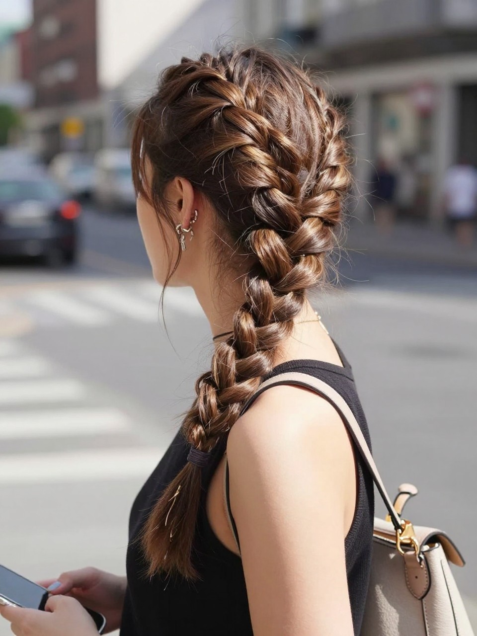 Photo of a woman wearing a reverse (Dutch) braid half-up, side profile view, setting is a city street, lighting is bright daylight, containing a handbag on her shoulder, iPhone photo quality.